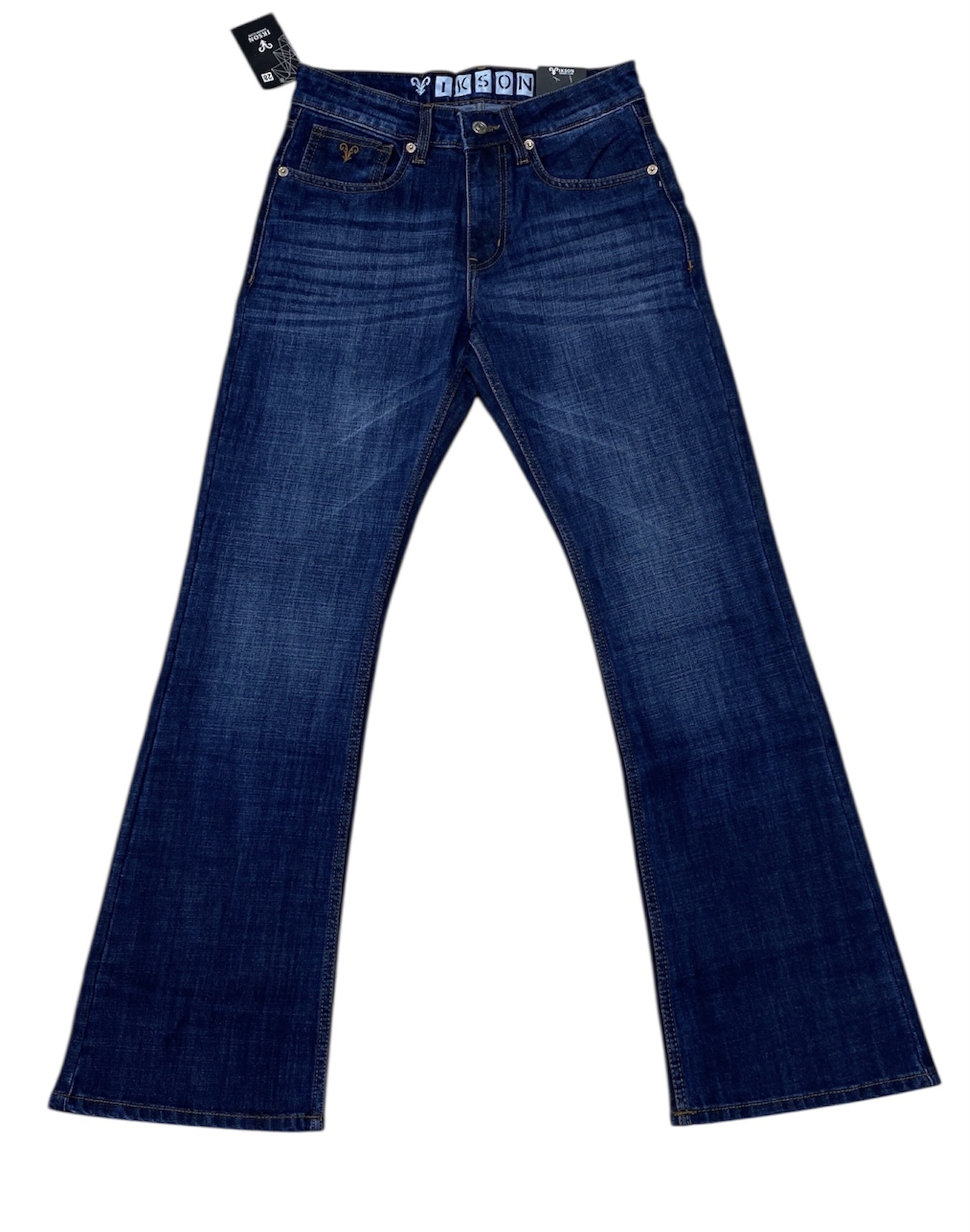 Indigo blue bootcut jeans front view