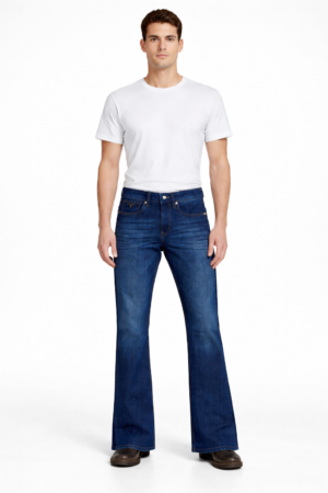 Indigo blue bootcut jeans front view