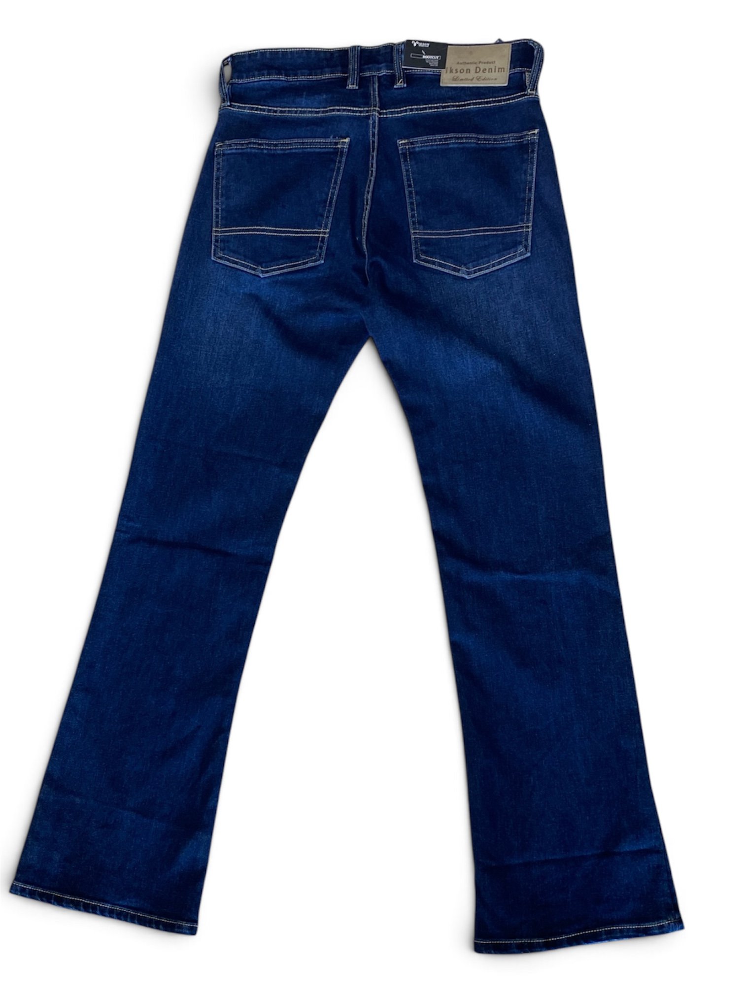 Back view of IKSON dark blue bootcut jeans