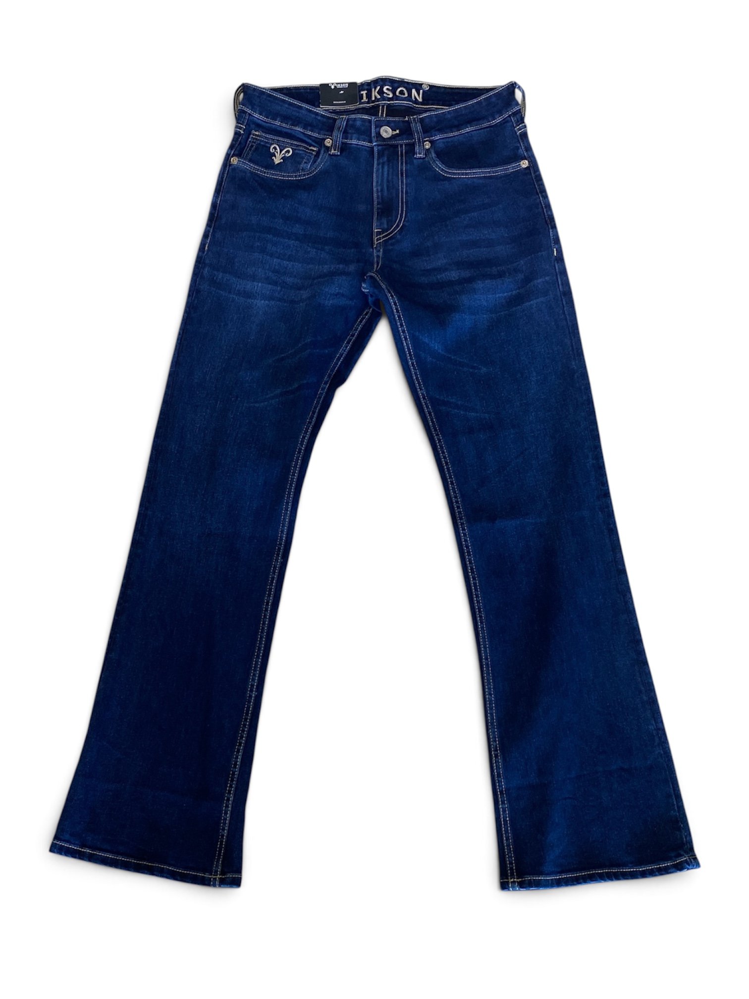 Front view of men's dark blue bootcut jeans