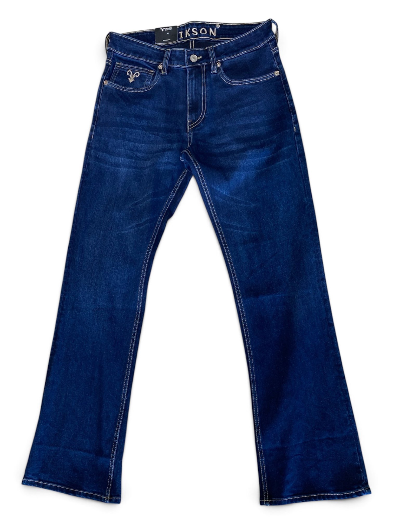Dark blue bootcut jeans denim and stitching detail